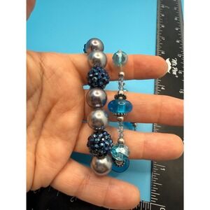 Blue Beaded Stretch Bracelet Set Silver Pearl Pave Disco Ball Crystal 2 Piece